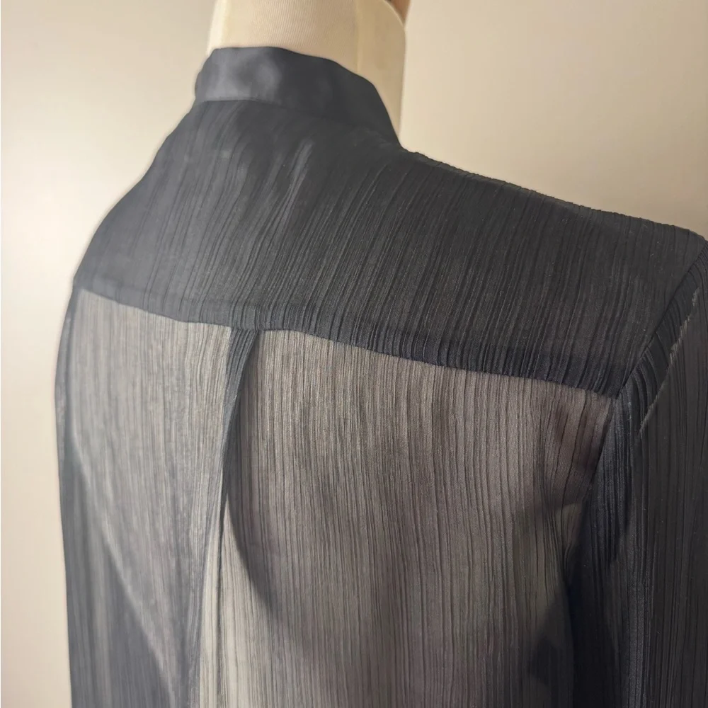 THE KOOPLES Sheer Button Front Striped Shirt w/ Accent Tie Collar BLACK / LARGE - Picture 11 of 15